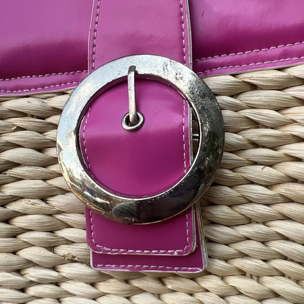 Pink Straw Satchel Bag Purse Tote Basket Bucket Retro Flower Lining Snap Flap